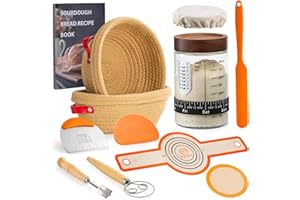 ANGADONA Sourdough Starter Kit, Handmade Cotton Rope oval and round banneton bread baskets with liners and covers, 35oz sourdough starter jar, essential bread baking tools