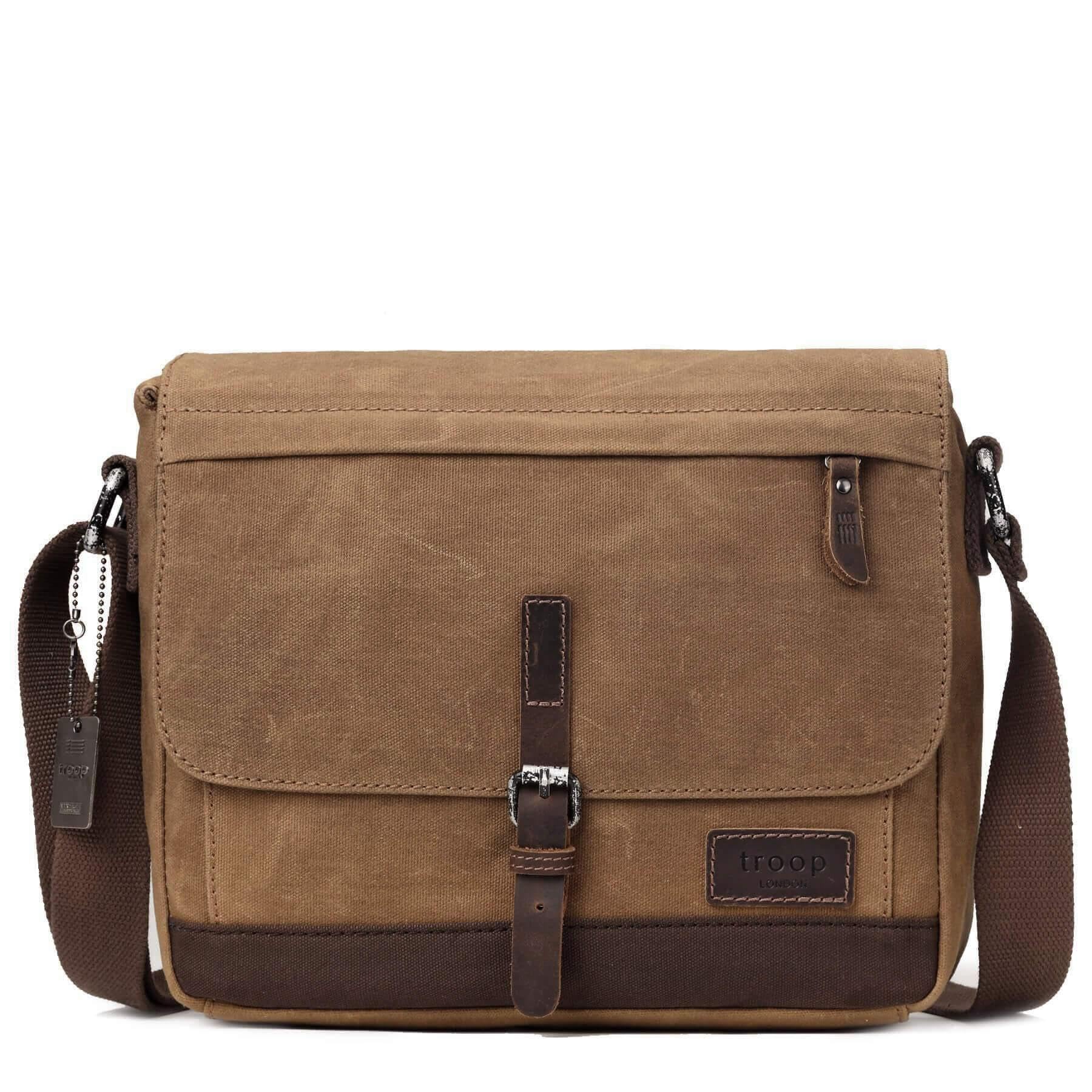 Troop London TRP0443 Heritage Canvas Leather Messenger Bag, Travel Bag, Tablet Friendly - Camel