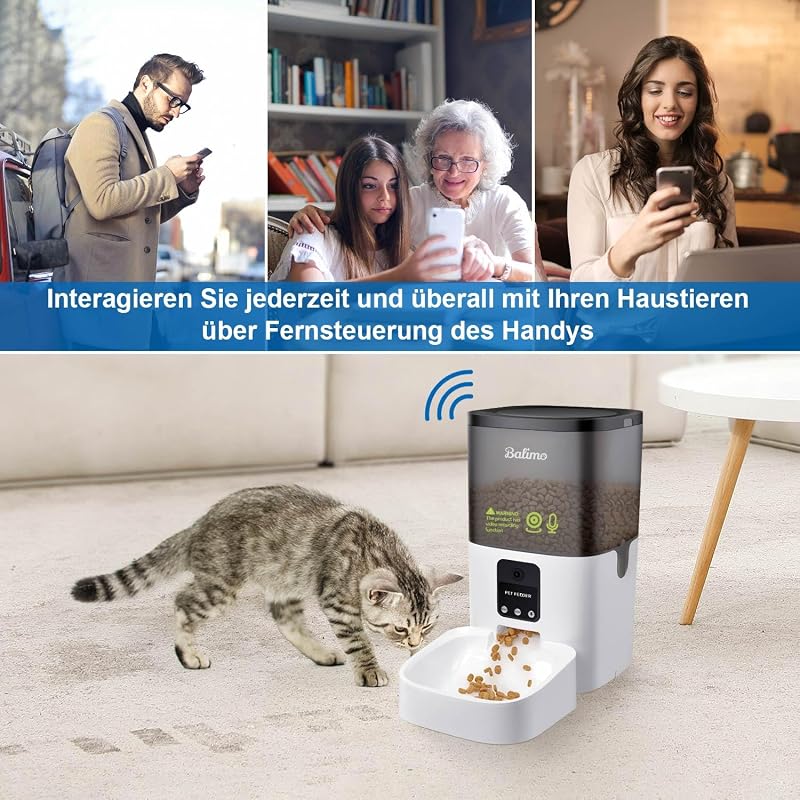 Distributore Automatico Cibo Gatti con Telecamera 1080P, 2.4G WiFi Dispenser Crocchette Gatto, 4L Distributore Automatico Cibo Cani con APP Video Audio Visione, Da 1 a 8 pasti al giorno