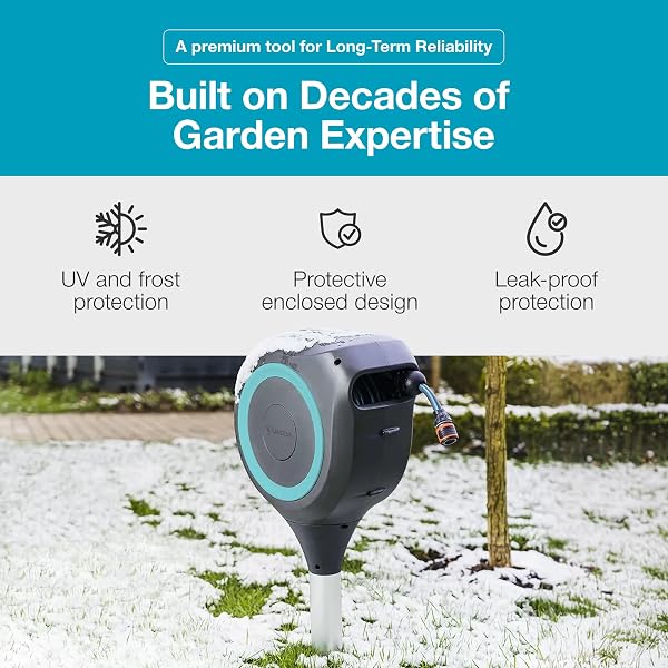 GARDENA AUTOMATIC RETRACTABLE GARDEN HOSE REEL – 66 FEET – 360 DEGREE SWIVEL OUTDOOR HOSE REEL WITH METAL SPIKE BASE – AUTO RETRACT – UV RESISTANT HOUSING – EASY INSTALL NO TOOLS REQUIRED – 18614