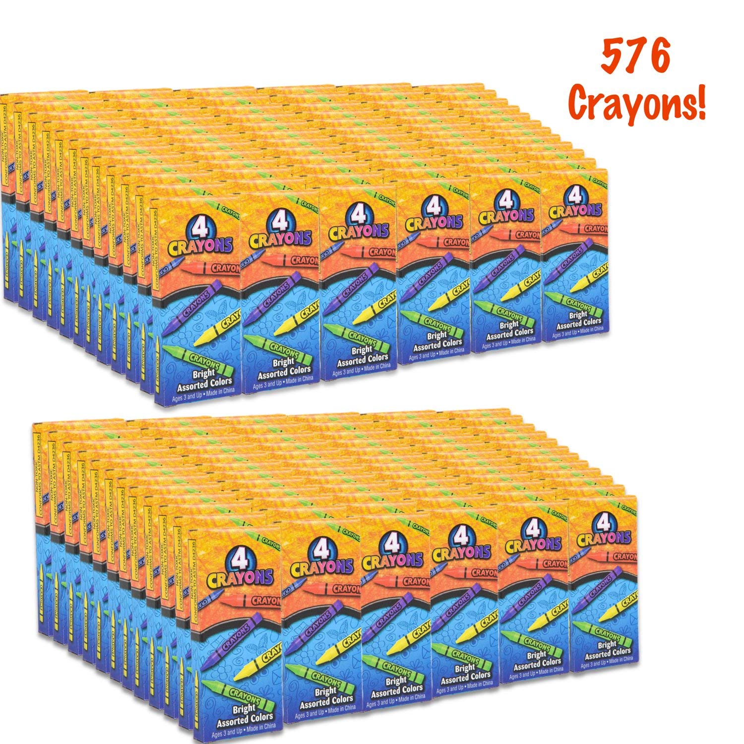 Bedwina Bulk Crayons - 576 Crayons - Case of 144 4-Packs, Premium Colors Bulk School Supplies for Kids and Toddlers Non-Toxic for Party Favors, Restaurants, Goody Bags, Stocking Stuffers