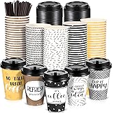 Gerrii 100 Pack Disposable Coffee Cups with Lids and Straws, Motivational Paper Cups with 6 Quotes and Designs Disposable Hot Cups for Water, Juice, Coffee, Tea, Home, Shop Cafe(Stylish Style, 16 oz)