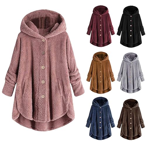 Teddy Jacket for Women Ladies Thick Teddy Fleece Hood Jackets Full Zip Winter Warm Wool Coats Plus Size Plush Coats Cute Fluffy Button Hoodie Sherpa Jacket Casual Outerwear with PocketsPinkXL