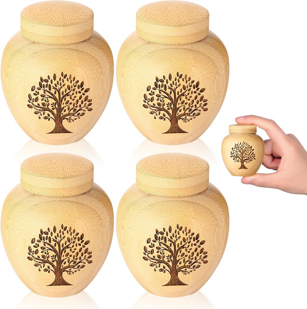 HOOMTREE Small Keepsake Urns Bamboo Set of 4 Tree of Life Engraved