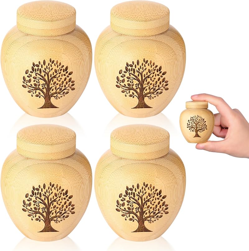 HOOMTREE Small Keepsake Urns Bamboo Set of 4 Tree of Life Engraved