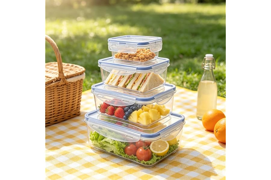4 Packs Food Storage Containers Set with Lids, Round Kitchen Storage Containers for Pantry Refrigerator, Blue