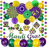 34PCS Mardi Gras Decorations Party Kit - Paper Fans Pom Poms Hanging Swirls Honeycombs Balloons Garlands Purple Green Gold Fat Tuesday Carnival Decor