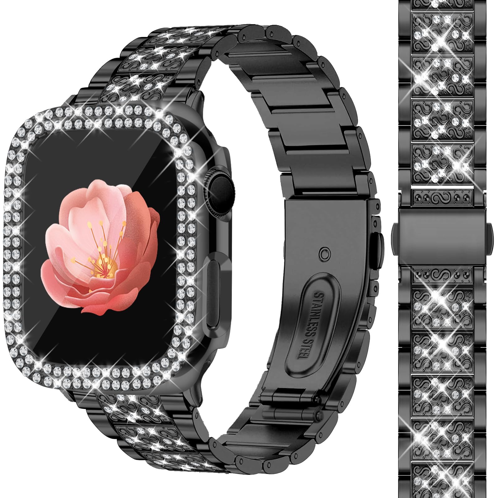 Newlibery Bling Watch Bands with Bling Case for Women Compatible with Apple Watch Band 38mm Elegant Dressy Jewelry Replacement Metal Link Wristband Protector Cover for iWatch Series 3/2/1 Black