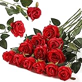 Hawesome 12PCS Artificial Flowers Fake Roses, Realistic Silk Long Stem Red Roses Bouquet for Wedding Centerpiece Home Decor Party & Valentines