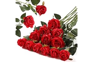 Hawesome 12PCS Artificial Silk Flowers Realistic Roses Bouquet Long Stem for Home Wedding Decoration Party A-Red -1