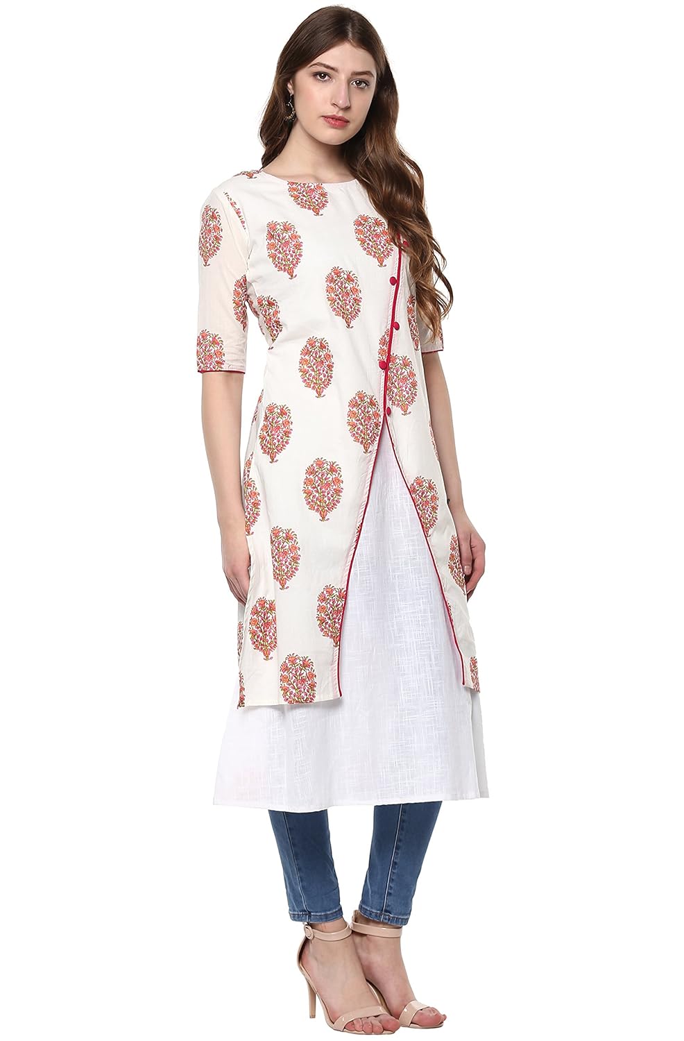 janasya women's white cotton layered floral print kurta
