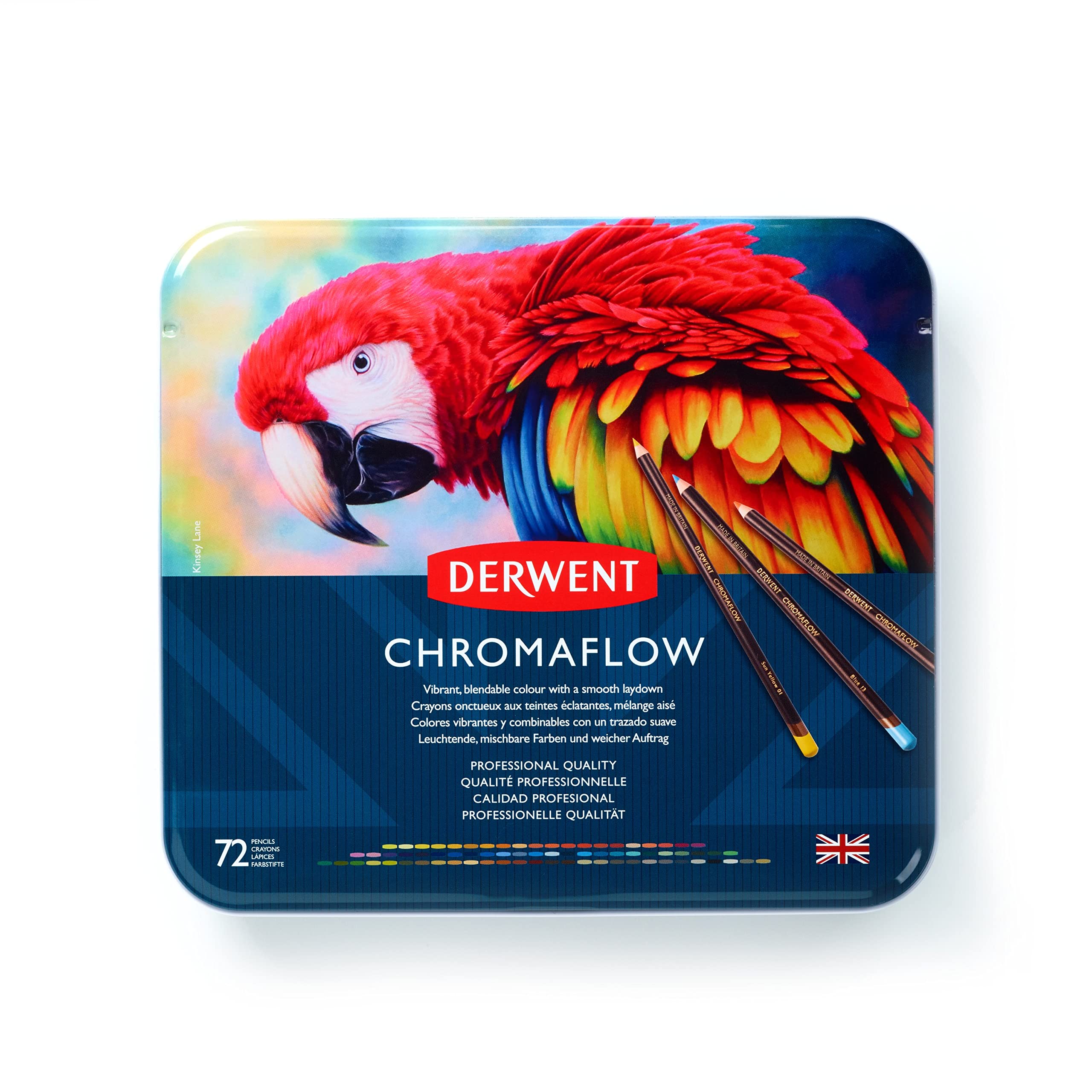 Derwent Chromaflow Colored Pencils Tin, Set of 72, Great for Holiday Gifts, 4mm Wide Core, Multicolor, Smooth Texture, Art Supplies for Drawing, Blending, Sketching, Professional Quality (2306014)
