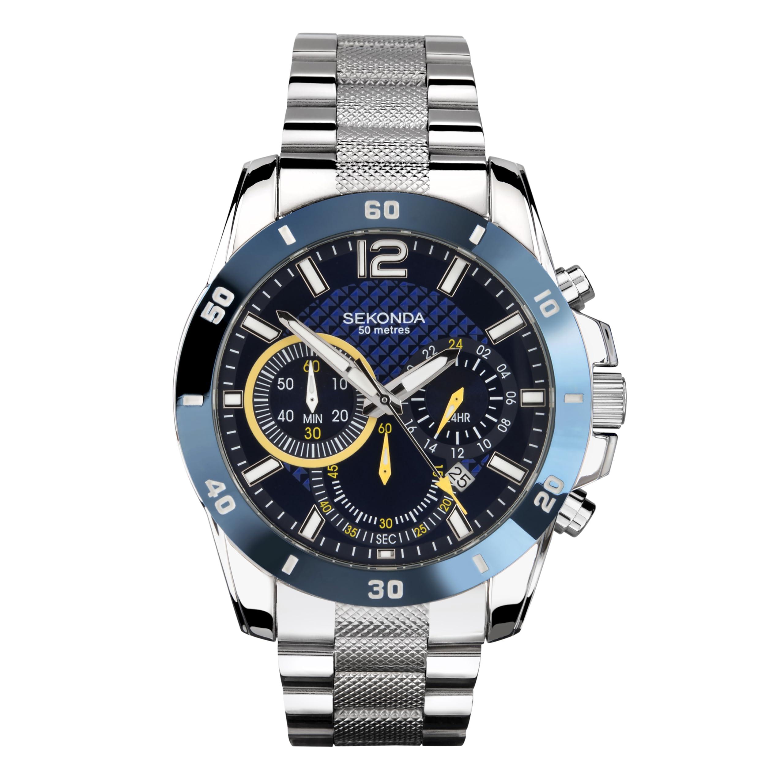 Sekonda Solo Mens Watch – 44mm Sport Chronograph Watch for Men with Silver Stainless Steel Strap, Date Window and Fixed Bezel – 50m Water Resistant – 2 Year Warranty