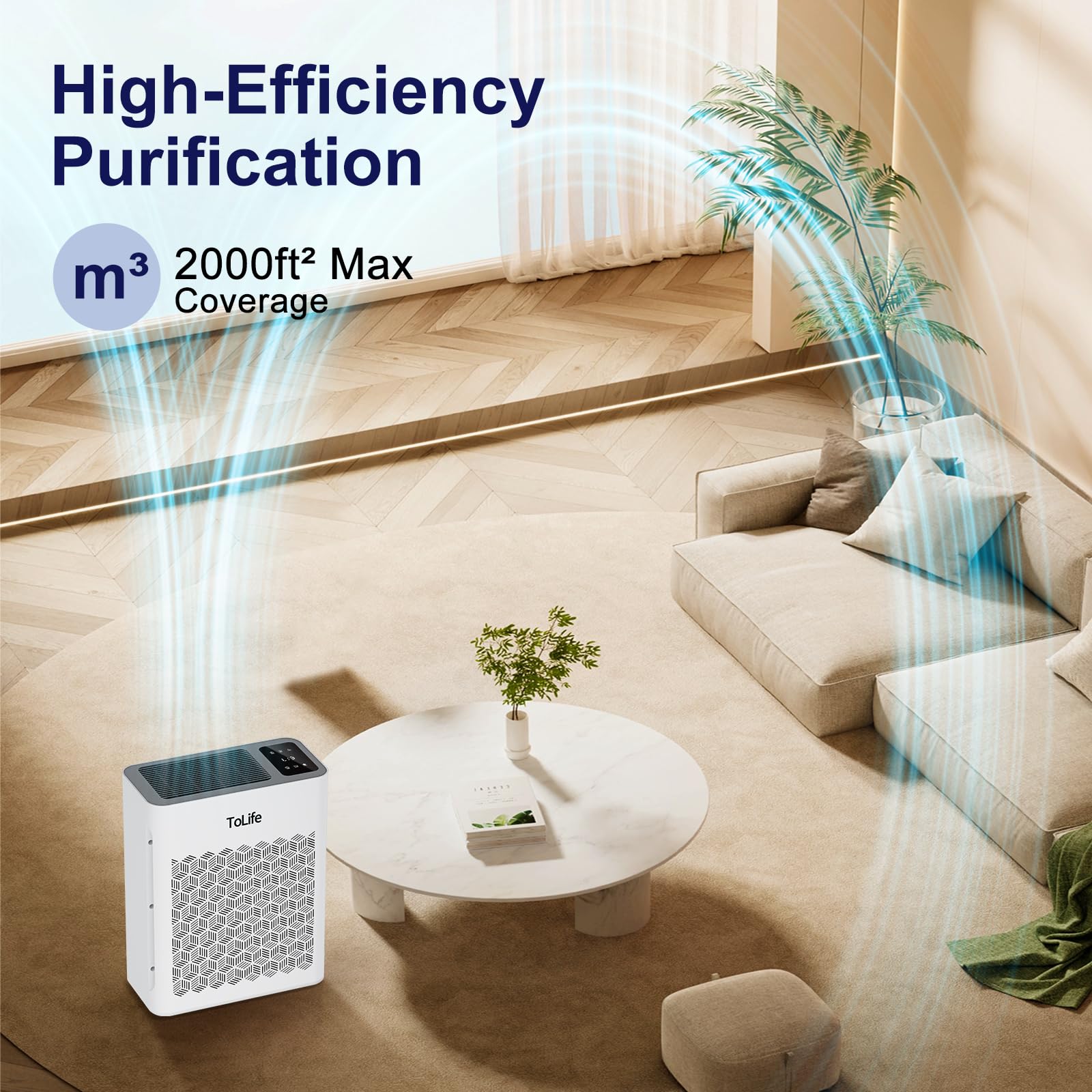 Tolife Powerful Air Purifiers for Home Large Room Up to 2000 Ft²Pets with Washable Filter, Sleep Mode, Timer, HEPA Filter Pet Air Purifier for Bedroom,White
