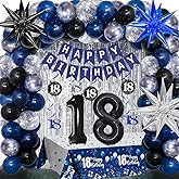 18th Birthday Decorations for Boys Men Girls Dark Blue, HAPPY BIRTHDAY Banner Black Number 18 Balloons Tablecloth Foil Backdrop Star Balloons Garland Arch Kit-18 Years Old Birthday Party Supplies