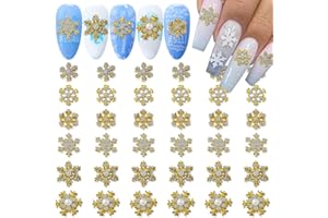 JERCLITY 30 Pieces Gold Alloy Christmas Snowflake Nail Charms Snowflake Christmas Nail Studs with Clear Rhinestone Diamond Christmas Gold Snowflake Nail Decorations for Women Girls Christmas Nail Art