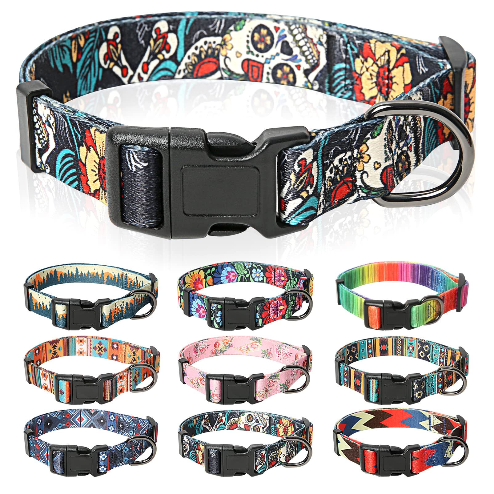 HEELE Dog Collar Large Multi-Colour Patterned Soft Comfy Dog Pet Collars Easy Adjustable Collar for Medium Large Dogs Indoor Outdoor Activities, Black, L — image 1