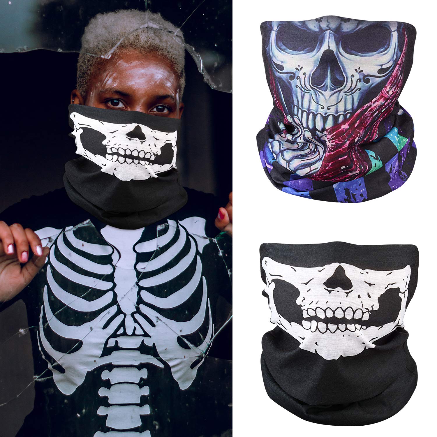 ZOYLINK 2 Set Weiß Schädel Gesichtsmaske und Skelett HandschuheGeist Multifunktionstuch Motorradmaske Sturmmaske Schwarz für Halloween Fasching Karneval Party Kostüm