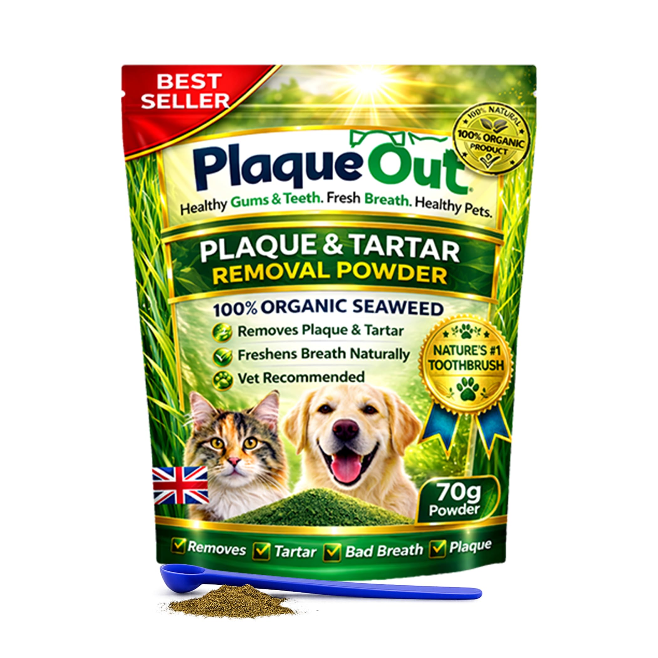 PLAQUE OUT 70g Pouch - Plaque Off Remover - 100% Natural and Organic Seaweed Powder for Dogs & Cats - Dog Teeth Cleaning, Plaque Removal, Pet Dental Care, Bad Breath, Gum Care and Tartar Control