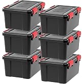 IRIS USA 6-Pack 19 Qt Storage Bins with Gasket Lids, Black/Red | WeatherPro seal protects shoes, crafts, documents and supplies from dust and moisture