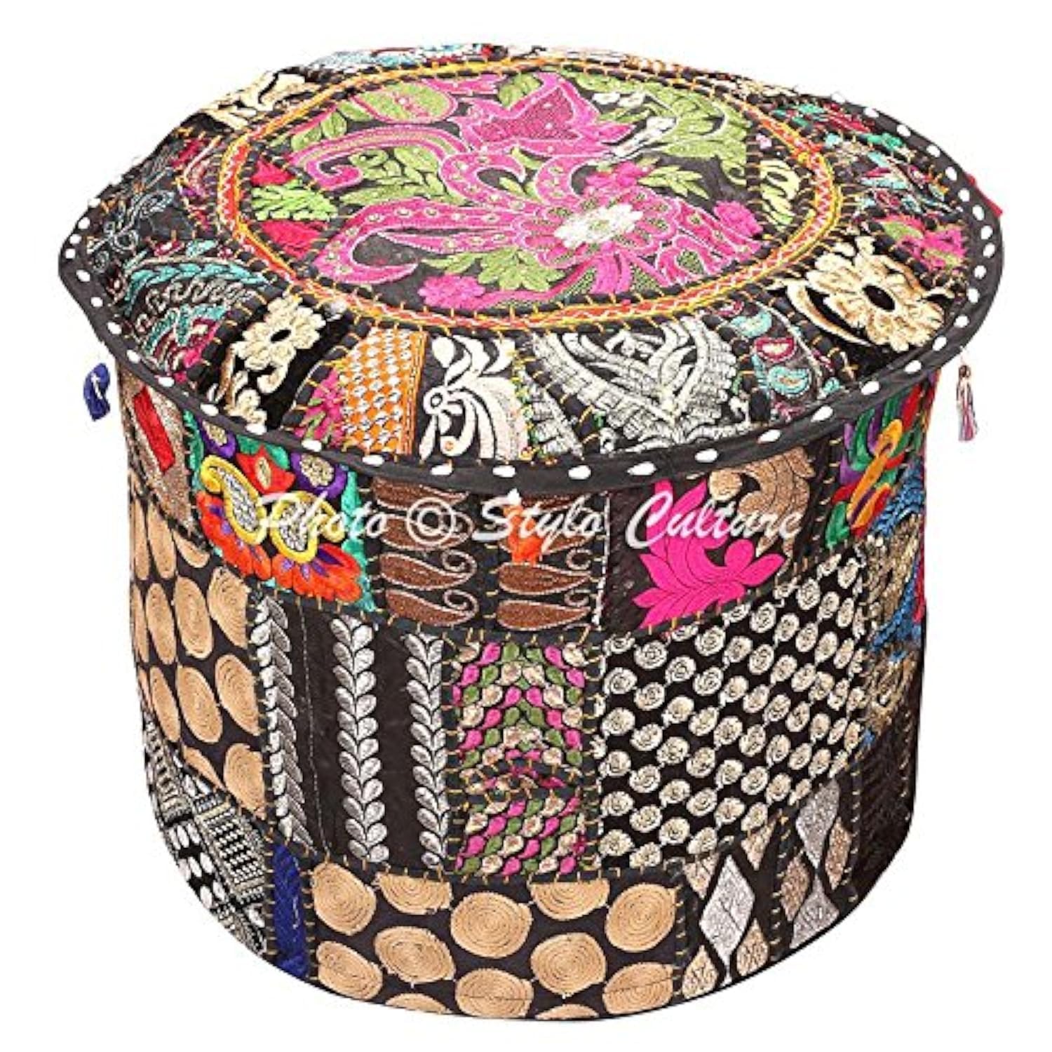Stylo Culture Pouffe Seat Vintage Large Cover Floor Pouf Cover Black Ethnic Embroidered Patchwork Cotton Traditional Round Fabric Ottoman Pouf Cover (22x22x13 Inch) 55cm (COVER ONLY)