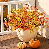 Artificial Mums Fall Fake Flowers for Outdoors, 12 Bundles Faux Mums for Outdoor Planters Autumn Decorations,UV Resistant Silk Flowers for Front Porch Garden Patio Home Decor(Fall-Orange Yellow)