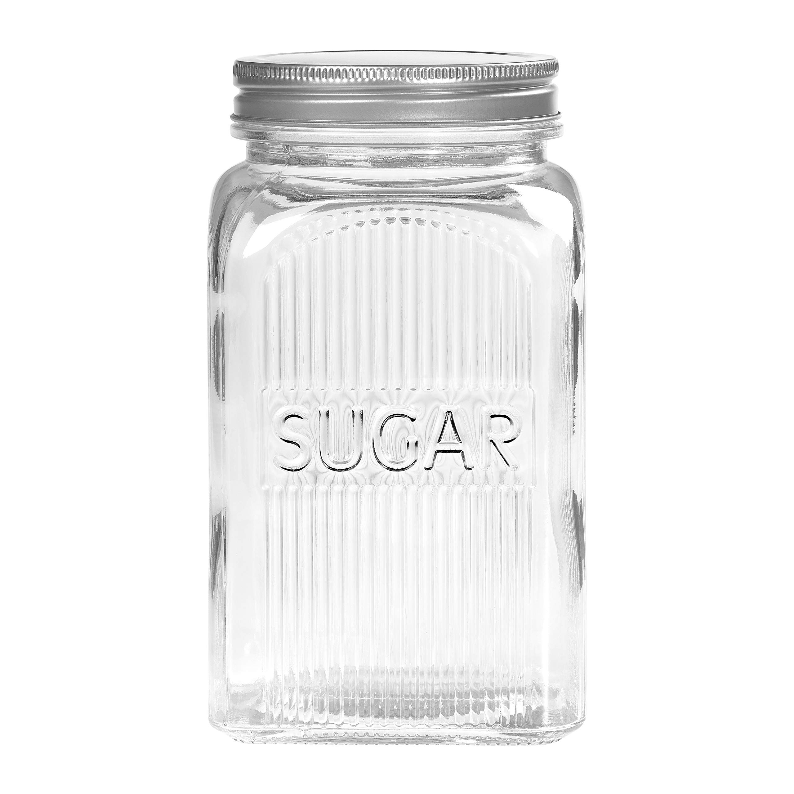 Tala Glass Storage Canister for Sugar, Clear Ribbed Glass Container with a Capacity of 1250 ml, with screw top lid this jar is Ideal for storing all sugar types cubed or granulated