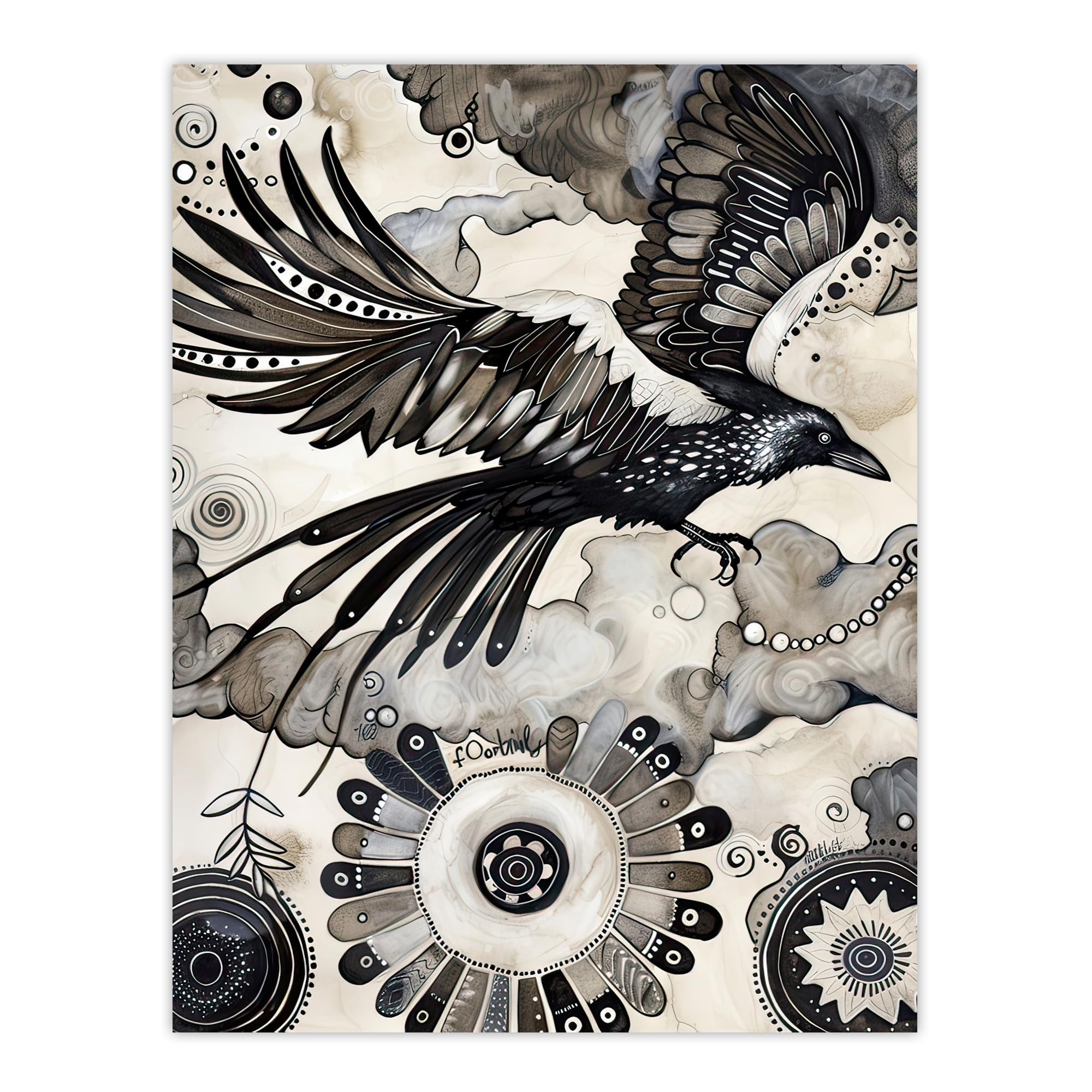 Artery8 Flying Black Raven Painting Magic Mandala Dark Living Room Extra Large XL Wall Art Poster Print