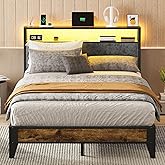 OLEVS Full Bed Frame with Headboard, Metal Platform Bed Full Size with 2-Tier Storage, LED Light & Charging Station Type C, No Box Spring Needed