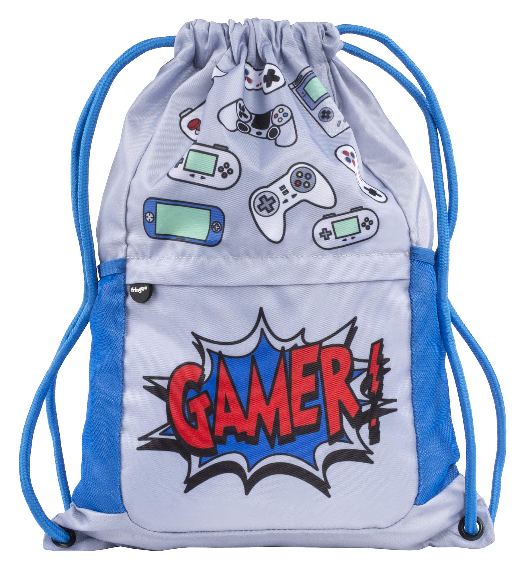 Fringoo Premium Kids Drawstring Bag Waterproof PE Kit Bag Swimming Bag for Boys Girls Gym Bag Zipped Pocket 2 Side Mesh Pockets 47 x 37 cm (Game Over)