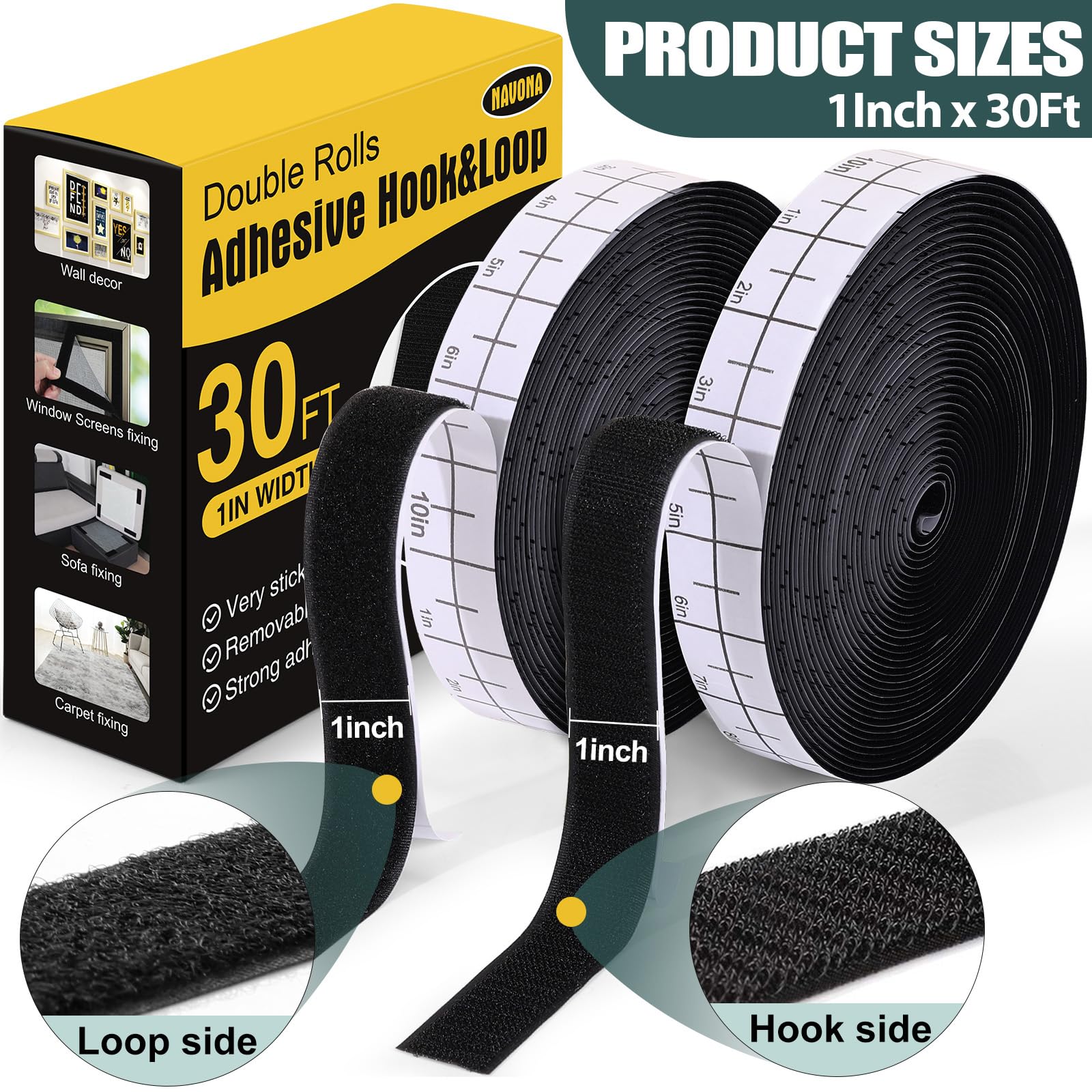 Navona 30Ft x 1 Inch Hook and Loop Strips with Adhesive – 2 Rolls Heavy Duty Hook and Loop Tape with Backing for Home, Office, School, and Crafting Projects, Black