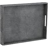 HofferRuffer Rectangle Serving Tray with Hole Handles for Coffee Table, Breakfast, Tea, Food, Butler - Countertop, Kitchen, Vanity Serve Tray, 16.2 x 12.2 x 2 inches, Faux Leather Tray (Dark Grey)
