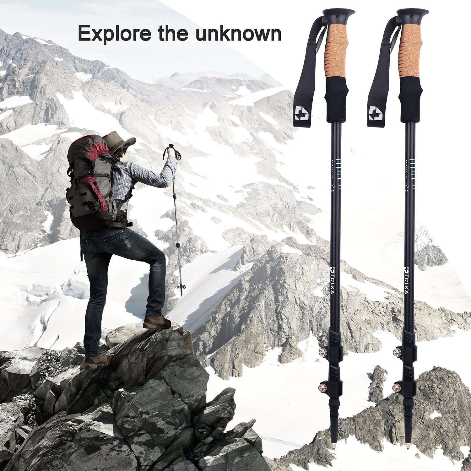 TOLKA Trekking Poles Aircraft Grade Aluminum 7075 External Lock Walking Sticks Anti-shock Cork Handle Quick Lock Hiking Canes and Walking Sticks With Air Ventilated Extra Padded Straps