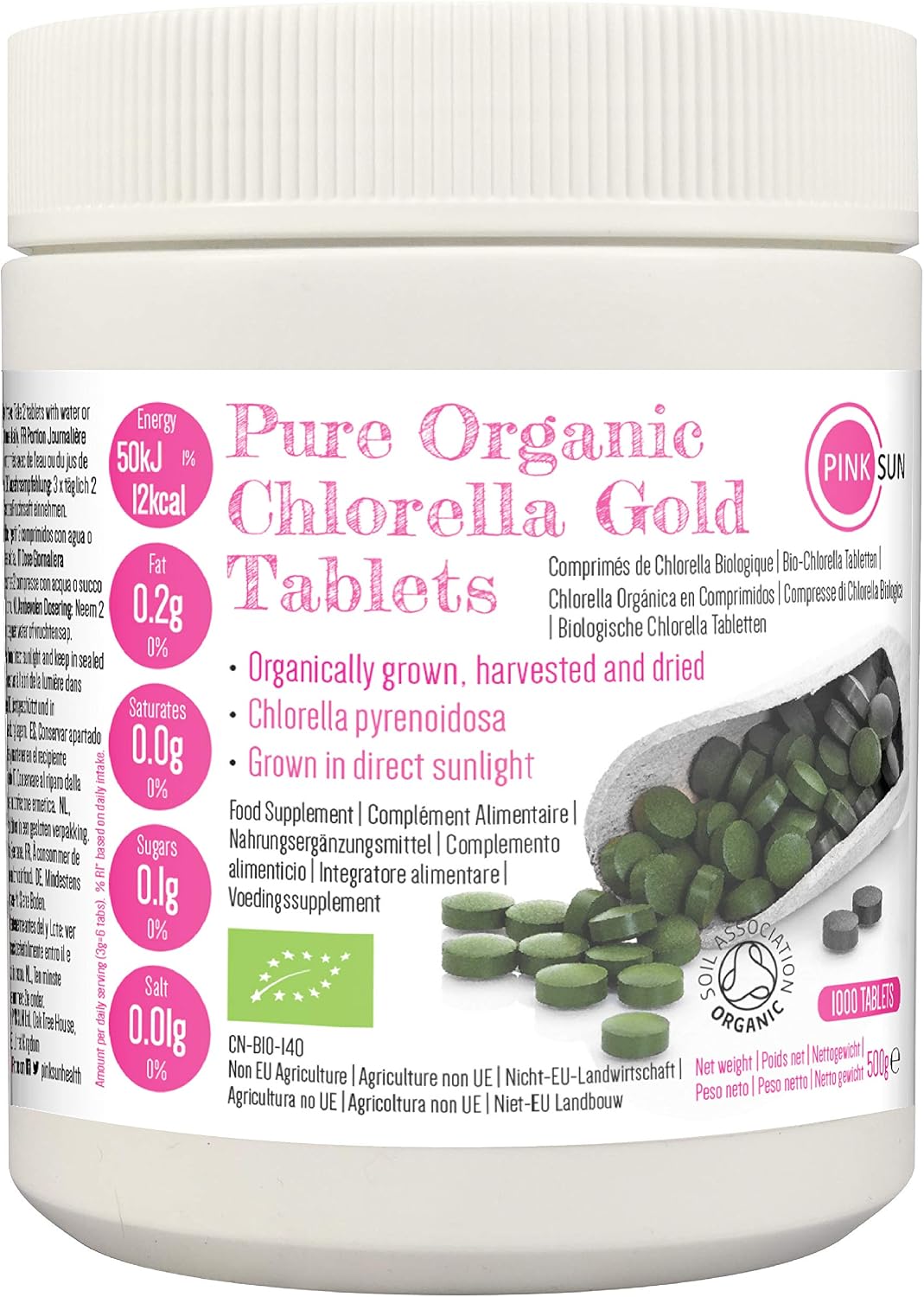 PINK SUN Organic Chlorella Tablets 500mg x 1000 Tabs Pyrenoidosa Broken Cell Wall Cracked Gluten Free Non GMO Vegetarian Vegan Certified Organic by The Soil Association 500g Bulk Buy