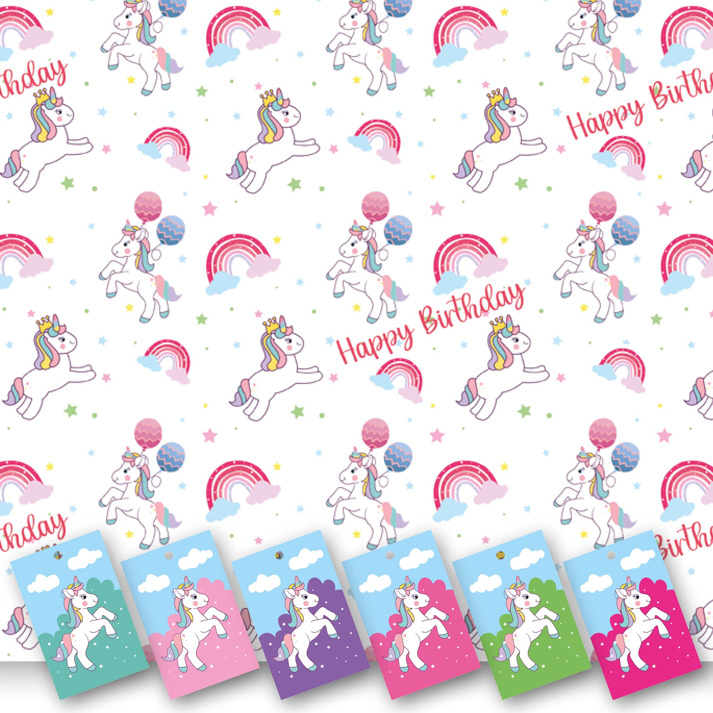 Unicorn Happy Birthday Wrapping Paper. 5 XL Sheets (50 x 70cm). Gift Wrap with Matching Tags. Cutting Grid on Reverse.