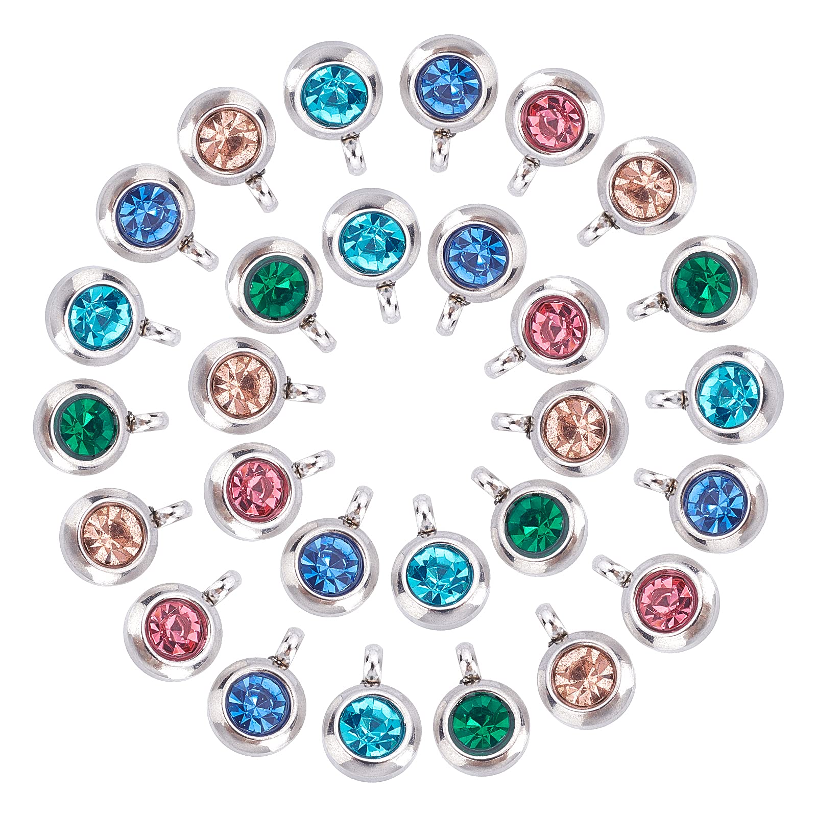UNICRAFTALE 30pcs 5 Colors Flat Round Rhinestone Pendants 9mm Crystal Birthstone Stainless Steel Linking Charm Mixed Color Faceted Jewelry Charms for Jewelry Making Hole 2mm