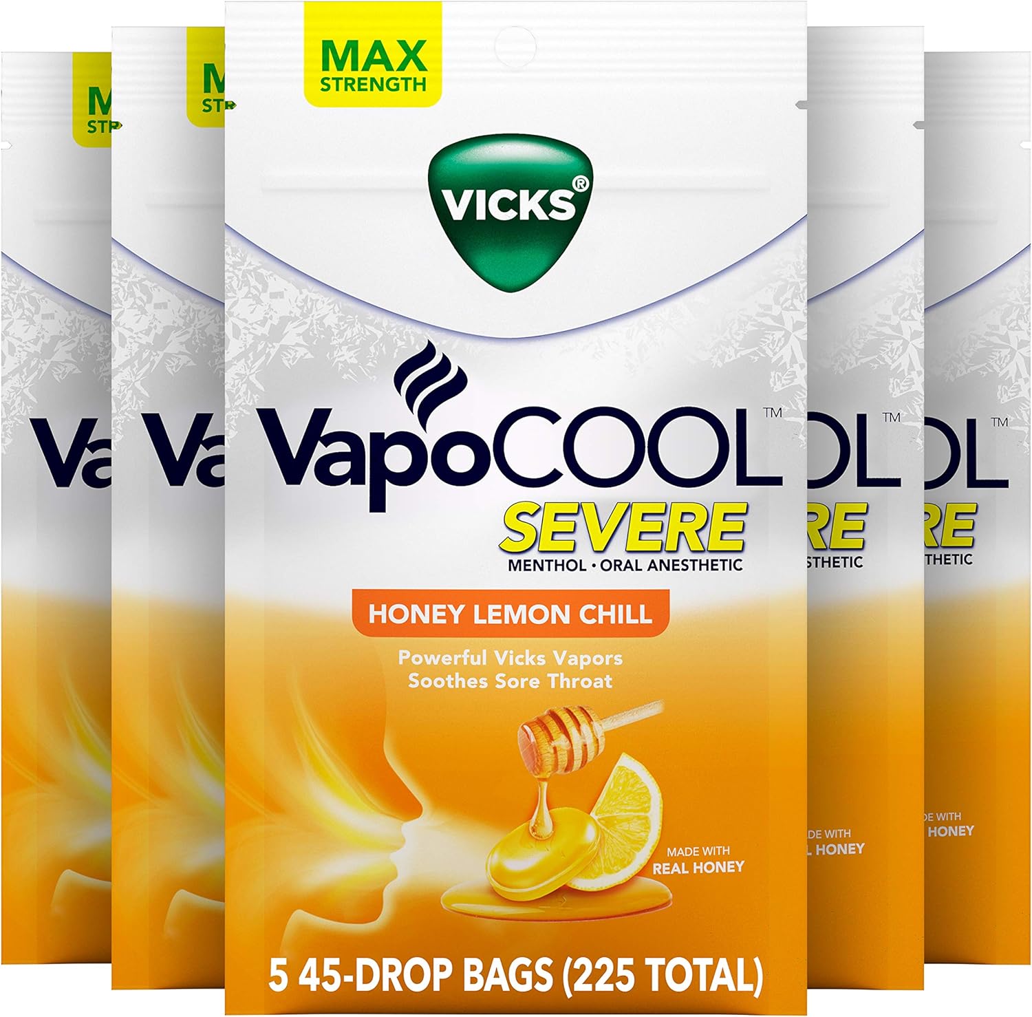 Vicks VapoCOOL Severe Medicated Drops, 5 Packs of 45 (225 Lozenges Total) - Soothes Sore Throat Pain Caused by Cough, Honey Lemon Chill with Menthol: Health & Personal Care
