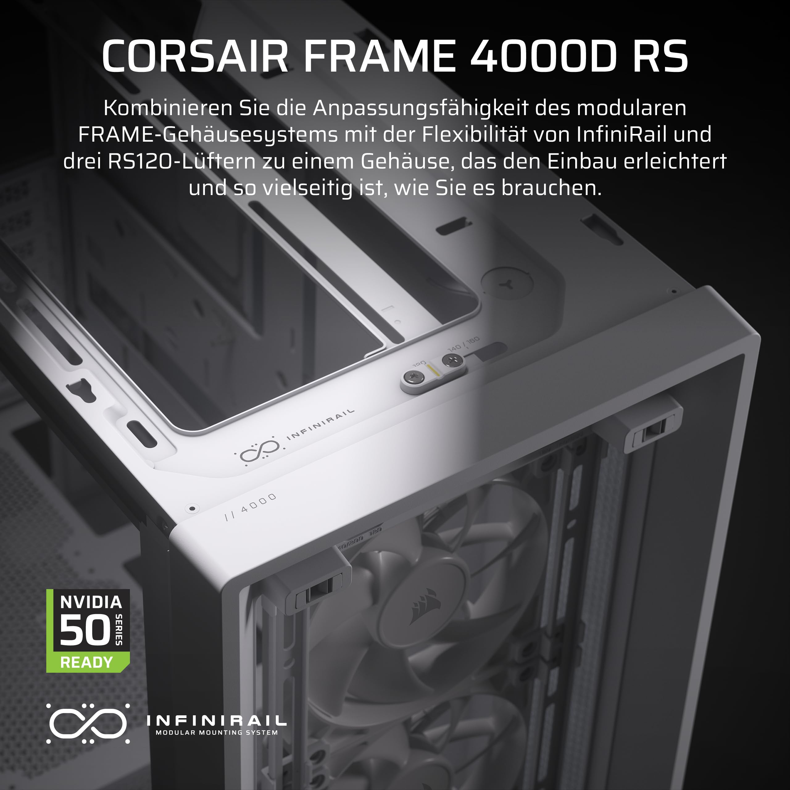 CORSAIR Frame 4000D RS Modulares Mid-Tower-PC-Gehäuse mit Hohem Luftstrom – 3X RS-Lüfter – InfiniRail-Lüfterhalterungssystem – ASUS BTF, MSI Project Zero und Gigabyte Project Stealth – Weiß 2