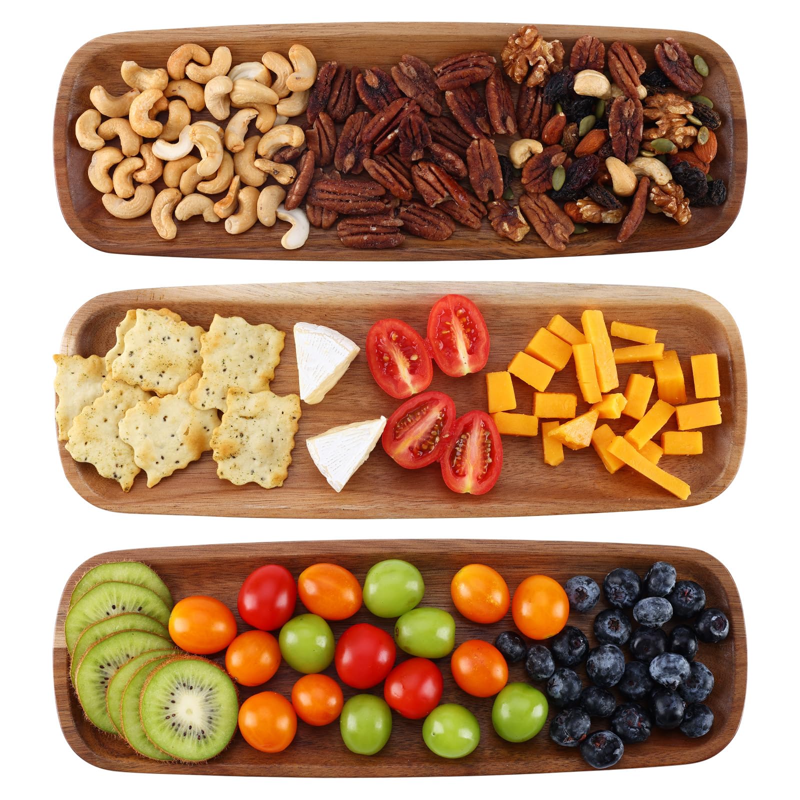 hecef Acaia Wood Serving Platter with Raised Edge, Snack Tray Serve Cheese, Sushi, Snacks, Friuts Set of 3