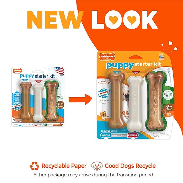 NYLABONE NEW PUPPY STARTER KIT, 2 CHEW TOYS AND 1 NATURAL TREAT FOR PUPPIES, PUPPY TEETHING TOY, BACON & CHICKEN FLAVOR, SMALL DOGS – UP TO 25 LBS., 3 PACK