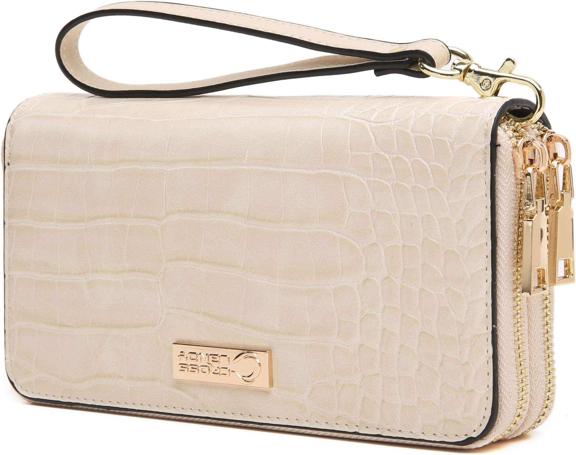 CrossLandy Women Men RFID Blocking Double Zip Leather Wallet Clutch Wristlet