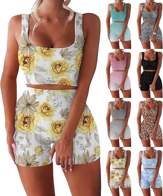 2 Piece Seamless Workout Sets for Women Ribbed Sport Bra