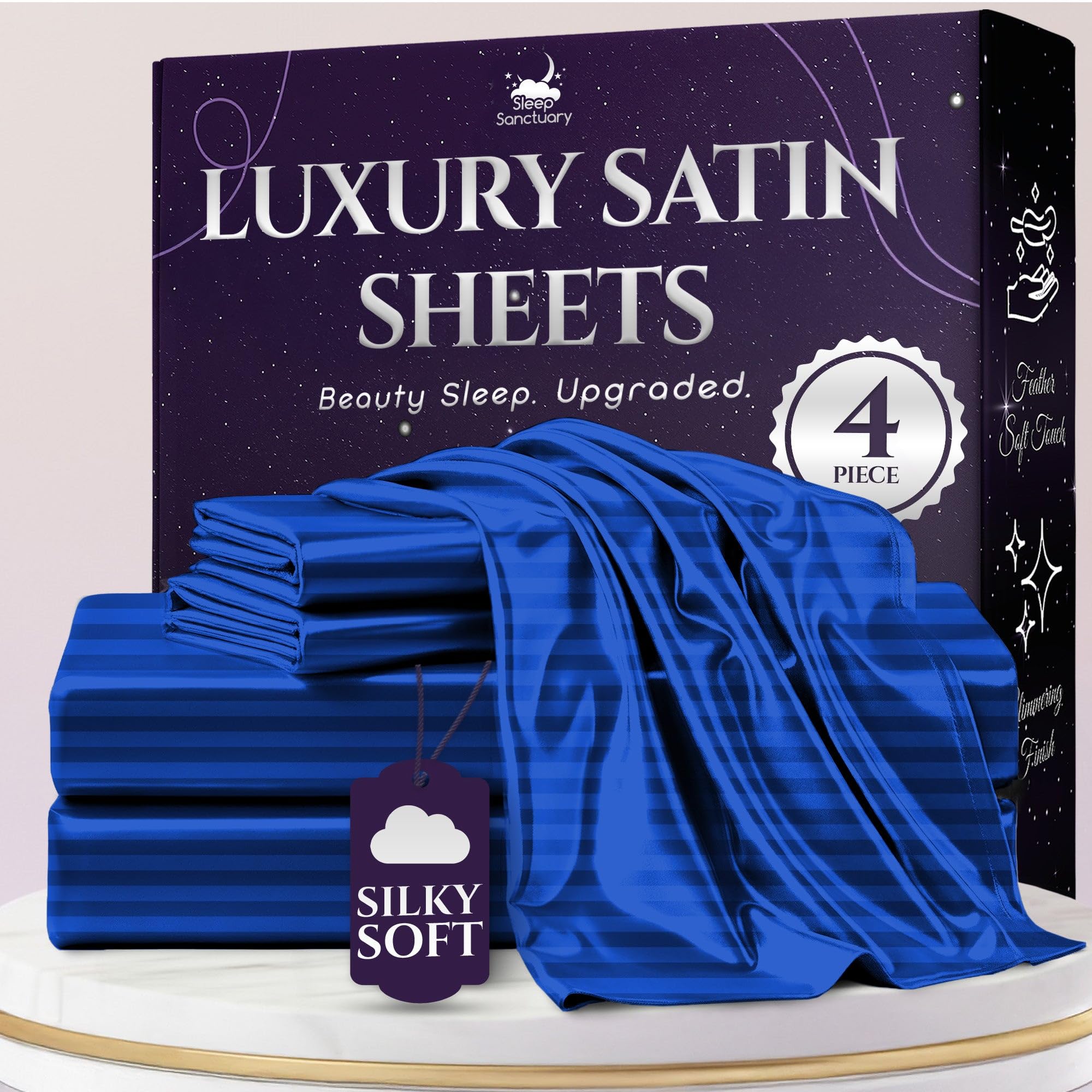 SLEEP SANCTUARY Satin Sheets Full Size – 4 Piece Luxury Silky Bed Set, Softer Than Silk, 15" Deep Pocket, Cooling & Wrinkle-Free, Moisture-Wicking & Breathable for Hair & Skin (Striped Blue)