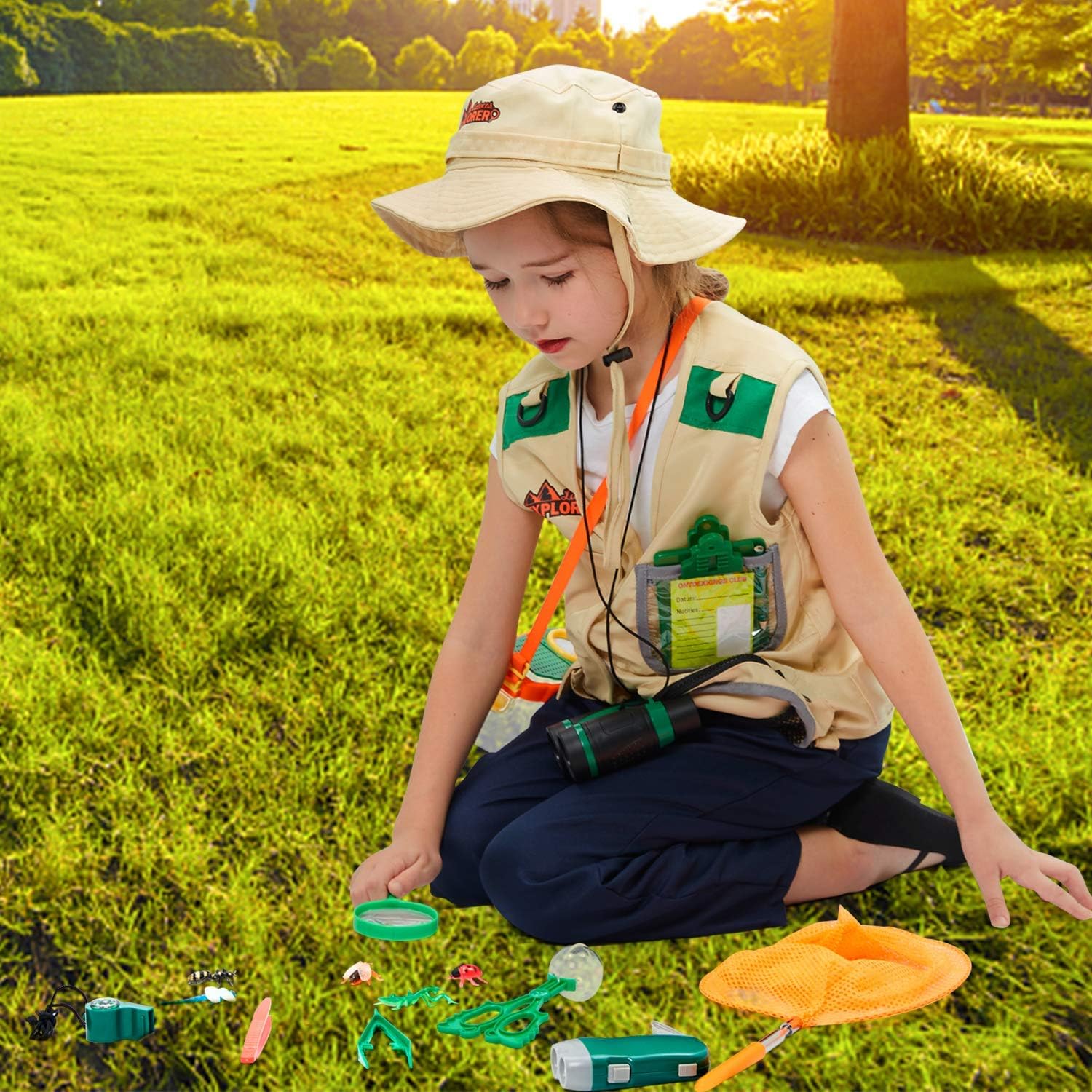17Pcs Kids Explorer Kit Outdoor Adventure with Costume Cargo Vest and Hat, Binoculars, Flashlight, Butterfly Net Nature Exploration Camping Hiking Toy Birthday Gifts for Kids Boys Girls 3+ Years Old: Toys & Games
