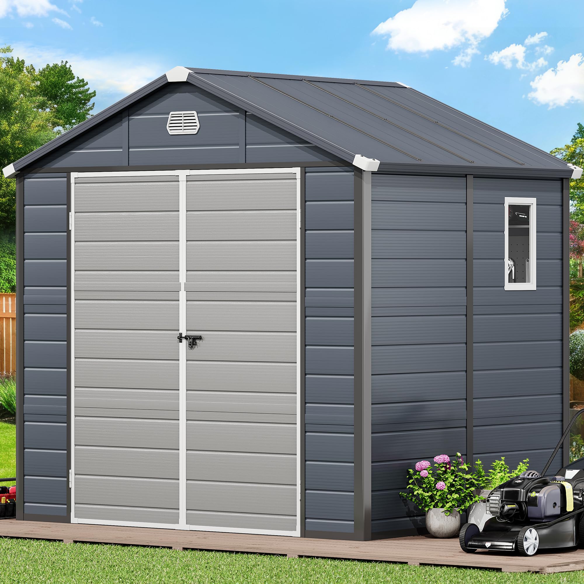 Photo 1 of YITAHOME 8x6.2FT Resin Storage Unit sans Flooring, All-Weather Plastic Shed with Window, Vents and Secured Doors, Outdoor Plastic Tool Cabin for Poolside, Lawn, Backyard, Patio, Dark Gray