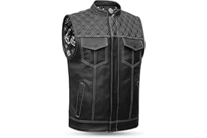 Leatherick Mens Black Motorcycle Vests - Top Grain Cow Leather SOA Club & Traditional Paisley Satin Liner Leather Biker Vests