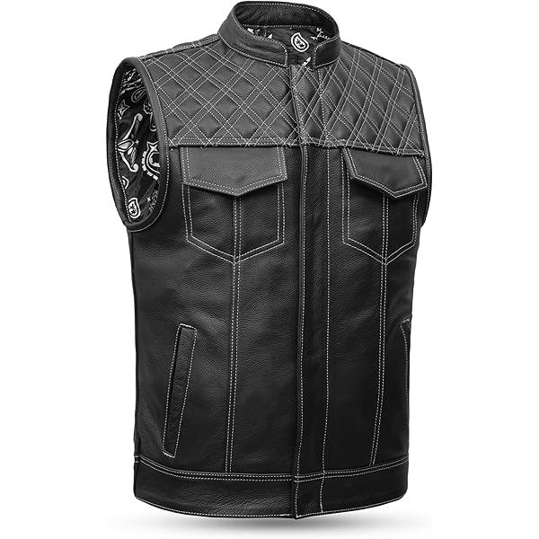 V636 Mens Black Leather Motorcycle Club Vest with Red White