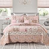 Yvooxny Quilts Queen Size Patchwork Pink Floral Quilt Set Vintage Shabby Chic Botanical Floral Quilted Bedspread 3-Piece Quilt Set with Ruffle for All Seasons, Queen Size, 98 * 90 Inches