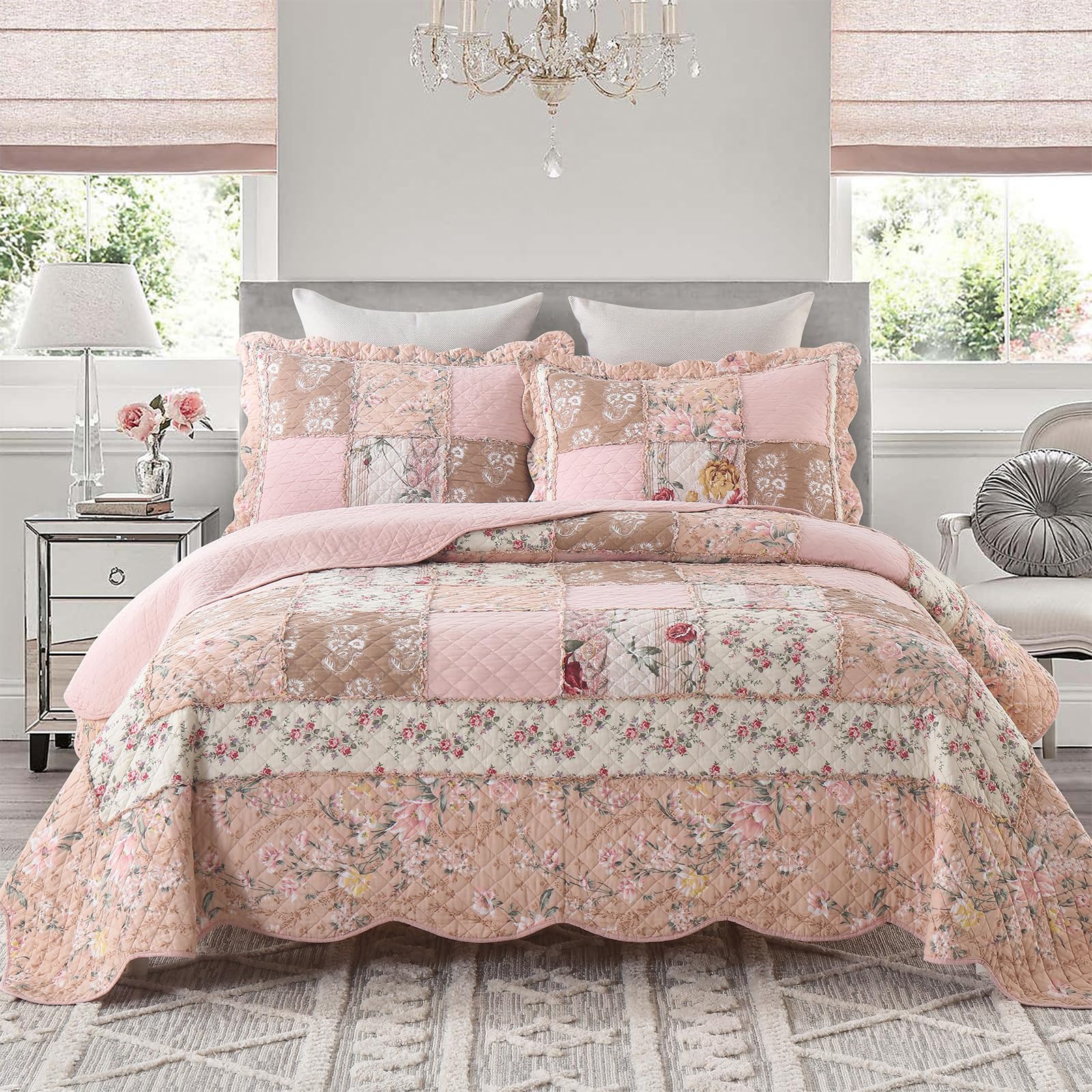 Photo 1 of Yvooxny Quilts Queen Size Patchwork Pink Floral Quilt Set Vintage Shabby Chic Botanical Floral Quilted Bedspread 3-Piece Quilt Set with Ruffle for All Seasons, Queen Size, 98 * 90 Inches