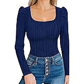 Women's T-Shirts Puff Long Sleeve Shirt Square Neck Dressy Casual Slim Fit Textured Knit Fall Tops Blouse Fashion Clothes